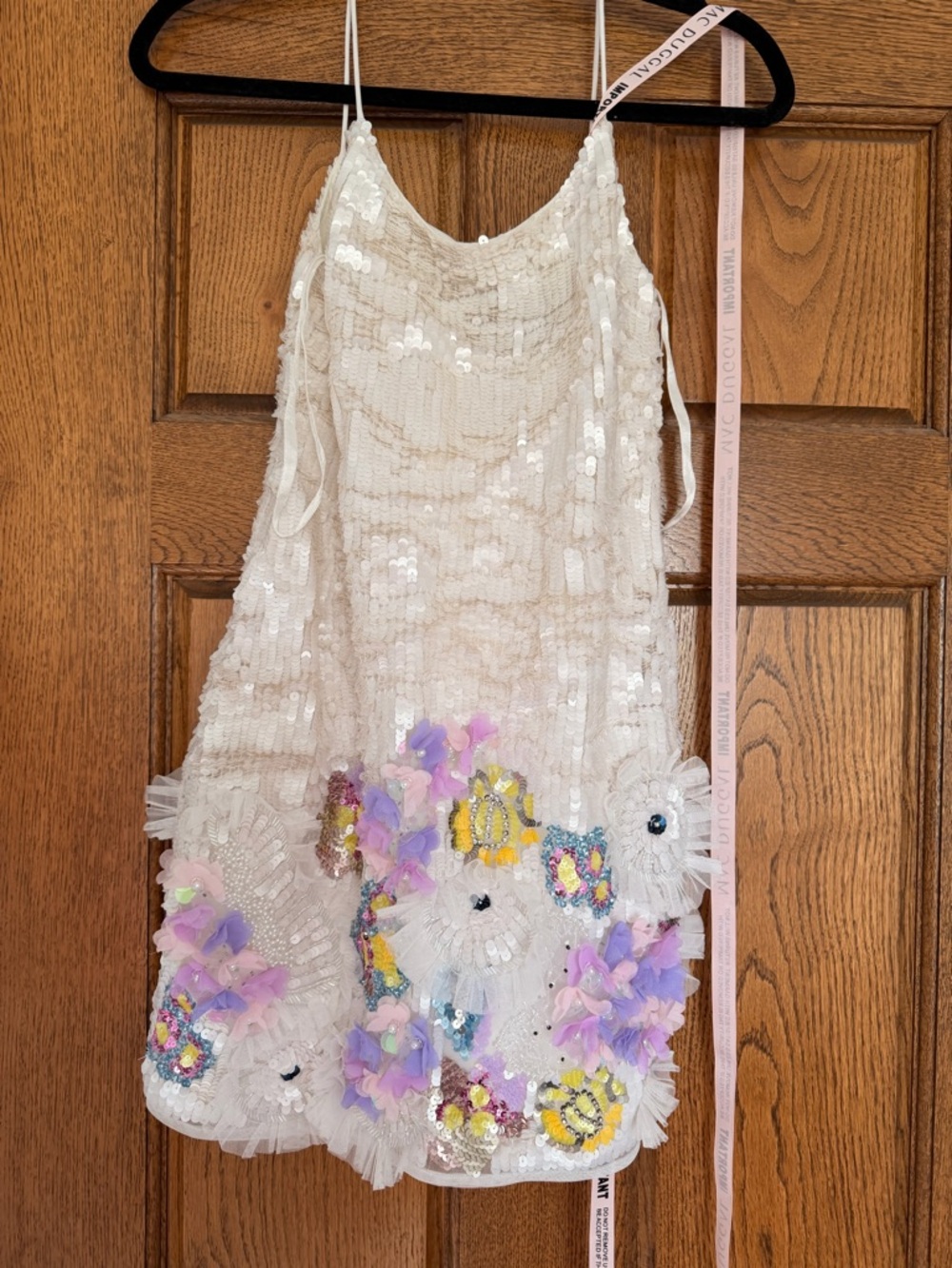Mac Duggal Ivory Sequin Slip Dress with Floral Appliqué